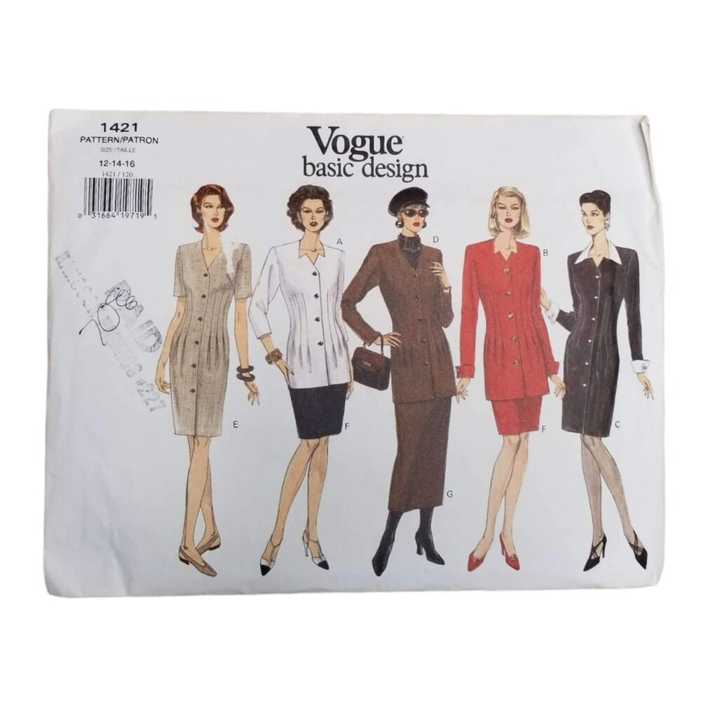 Vogue Basic Design Sewing Pattern 1421 Misses Dress, Top, & Skirt Size 12-16 Vtg